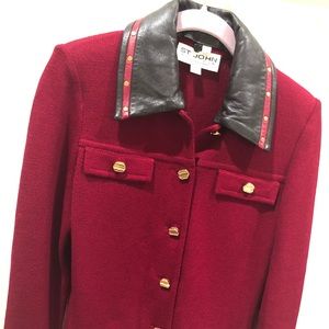 St. John Red Knit Jacket with Brown Leather Trim